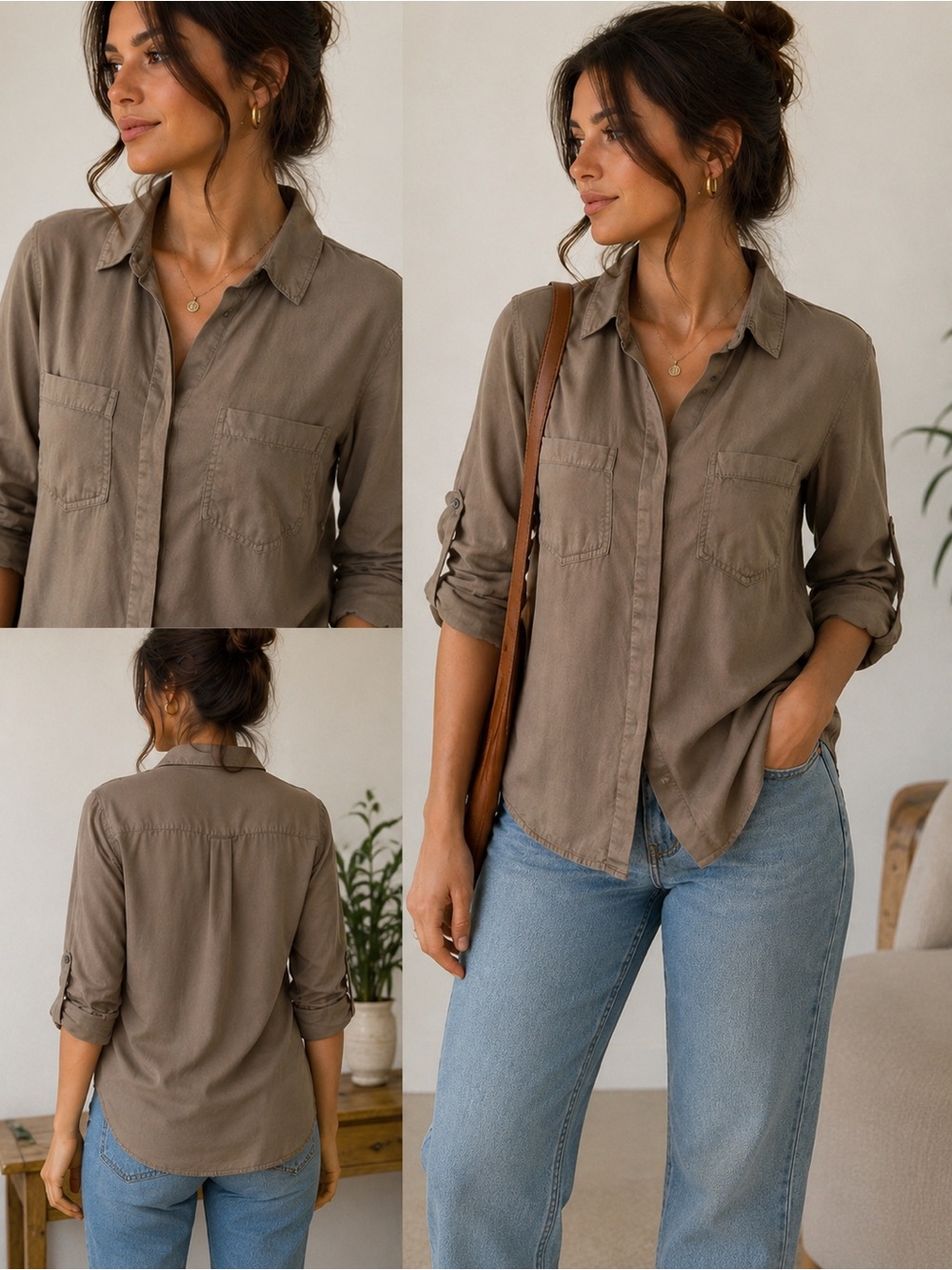 Cotton On 100% Lyocell Taupe Olive Utility Button Up Shirt M